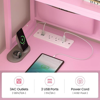 SEDETA L Shaped Gaming Desk, Home Office Computer Desk with 2 Drawer and Bookshelf, L Shaped Gaming Desk with LED Light, Glass Cabinet and Storage Bag, Corner Desk with Storage Shelves, Pink