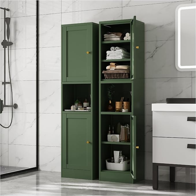 67" Tall Narrow Storage Cabinet with Doors and Open Shelf,Metal Pantry Cabinet,Shaker Style Slim Cabinet with Adjustable Shelves,for Bathroom Kitchen Laundry Small Spaces,Forest Green,1Pc
