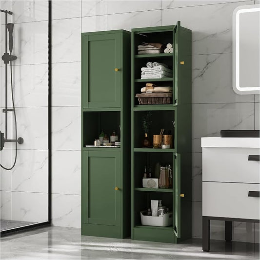 67" Tall Narrow Storage Cabinet with Doors and Open Shelf,Metal Pantry Cabinet,Shaker Style Slim Cabinet with Adjustable Shelves,for Bathroom Kitchen Laundry Small Spaces,Forest Green,1Pc
