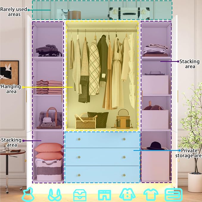 4 Doors LED Armoire Wardrobe Closet with Mirror, 75" Tall Modern Wooden Wardrobe Closet with 3 Drawers, Freestanding Clothing Storage Cabinet with Hanging Rod, Adjustable Shelves, White
