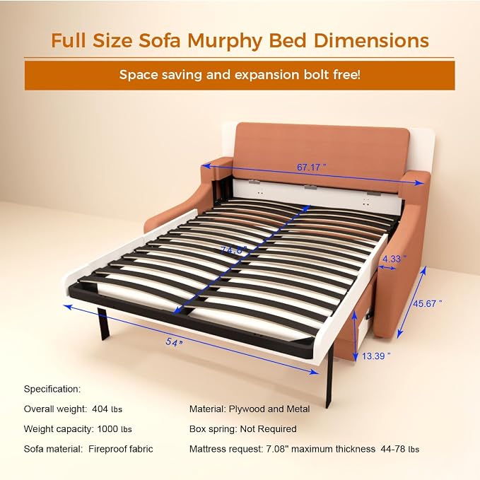 Full Size Murphy Bed Cabinet with Loveseat Sofa, White Hidden Beds,Wall Bedframe w/Orange Couch for Bedroom,Space-Saving, Noise Free