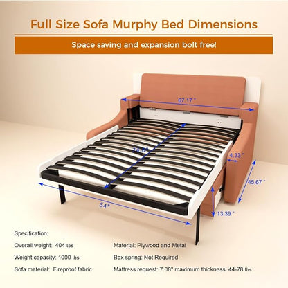 Full Size Murphy Bed Cabinet with Loveseat Sofa, White Hidden Beds,Wall Bedframe w/Orange Couch for Bedroom,Space-Saving, Noise Free
