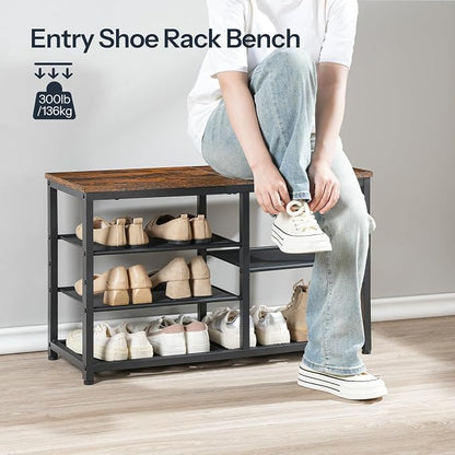 HOOBRO Shoe Bench, 5-Tier Shoe Rack Bench with Mesh Shelves, Shoe Organizer, Industrial Shoe Storage Bench for Entryway, Easy Assembly, 11 x 31.5 x 19.7 Inches, Rustic Brown and Black BF36HX01