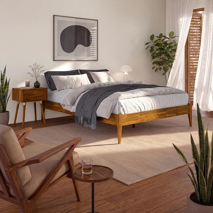 Bme Dinkee Wooden Queen Bed Frame, 15 Inch Height, Elegant Minimalist Modern Design with Japanese Joinery, Durable Wood Slats for Reliable Support, No Box Spring Required, Caramel