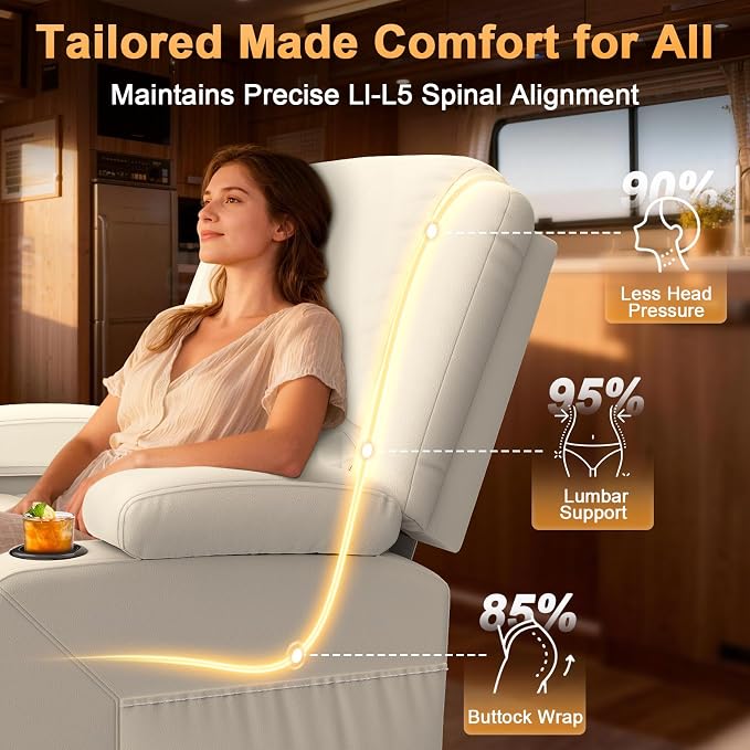 Oversized Manual Recliner Chair, 3 Angle Recliner Home Theater Seating, RV Recliner Single Sofa with Hidden Arm Storage, Cup Holder & Side Pocket (Single, White)