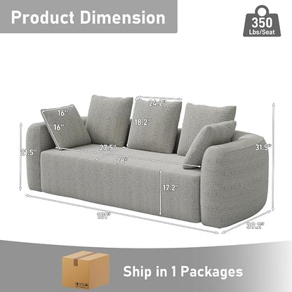Curved Modern Couch Sofa,Boneless Couch， Modern 3 Seater Cloud Couch,Deep Seat