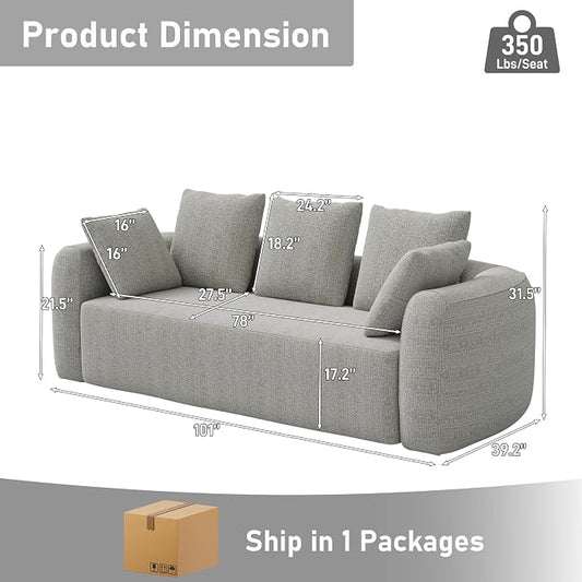 Curved Modern Couch Sofa,Boneless Couch， Modern 3 Seater Cloud Couch,Deep Seat