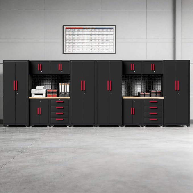 Garage Storage Cabinet System, 16PCS Garage Cabinets and Storage System Workshop Set with Red Cabinet, Cabinet Drawers, Workbench, Pegboard for Tool Organization,Red Handle