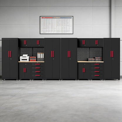 Garage Storage Cabinet System, 16PCS Garage Cabinets and Storage System Workshop Set with Red Cabinet, Cabinet Drawers, Workbench, Pegboard for Tool Organization,Red Handle