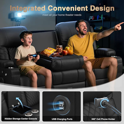 Loveseat Recliner Sofa with Flip Backrest Design, 3 Seat Reclining Couch with Drawer, Pocket, USB Ports & Phone Holders, Wall Hugger RV Sofa Recliner Couch for Home Theater Seating