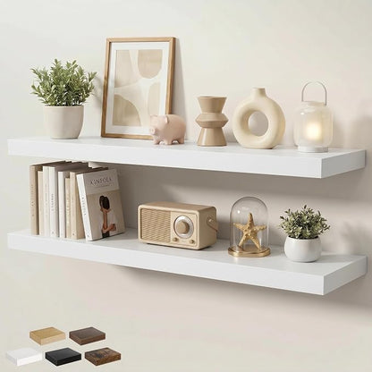 Floating Shelves for Wall 48 in x 9.3 in Deep, Wall Mounted Rustic Wood Shelf with Invisible Brackets for Storage & Display, Living Room Bedroom Bathroom, White, 2 Pack