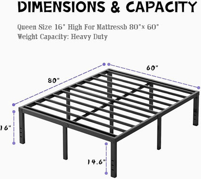 Furnitui 16 Inch High Metal Queen Bed Frame, Platform Bed Frame Queen Size No Box Spring Needed, Easy Assembly, Noise Free, Sturdy, Black