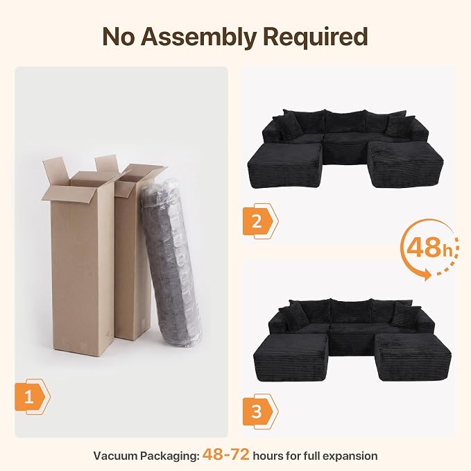 Claiks 94" Boneless Couch, Cloud Couch Sectional, U-Shape Corduroy Modular Sectional Sofa Deep Seat, Upholstered Couches for Living Room, No Assembly Required, Black