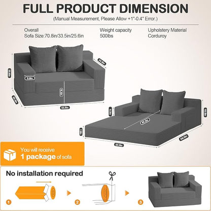 Erament Convertible Sofa Bed, Loveseat Folding Floor Futon Sleeper Sofa Couch Bed- Boneless Foldable Couch, Corduroy Pull Out Sofa Bed with 2 Pillows for Living Room & Bedroom
