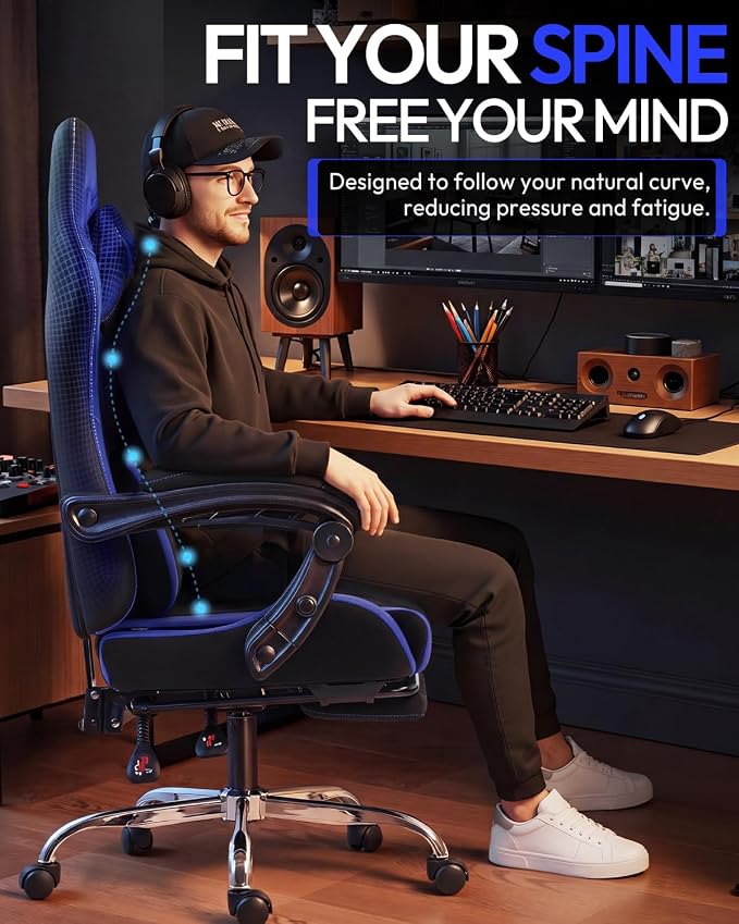 Dowinx Ergonomic Gaming Chair with Footrest & Massage Lumbar, 2D-Linkage Armrests for Computer Chair 330lbs with Headrest Pillow for Office, Home, Streaming and Long Gaming Sessions, Fabric Dark Blue