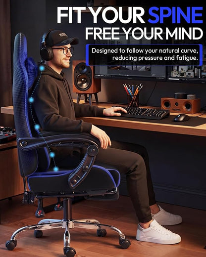 Dowinx Ergonomic Gaming Chair with Footrest & Massage Lumbar, 2D-Linkage Armrests for Computer Chair 330lbs with Headrest Pillow for Office, Home, Streaming and Long Gaming Sessions, Fabric Dark Blue