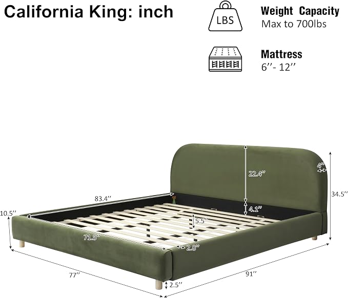 Merax California King Size Teddy Fleece Thick Fabric Upholstered Platform Bed with Curved Shaped Headboard, Wood Bed Frame with Solid Round Legs for Kids Teens Adults, Olive Green