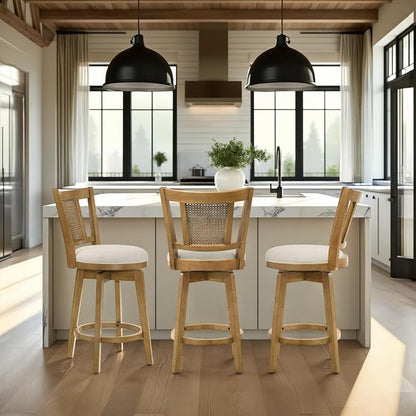 Armen Living Isla 26 in. Amber Glow Counter Height Rubberwood Swivel Barstool with Ivory Fabric Seat