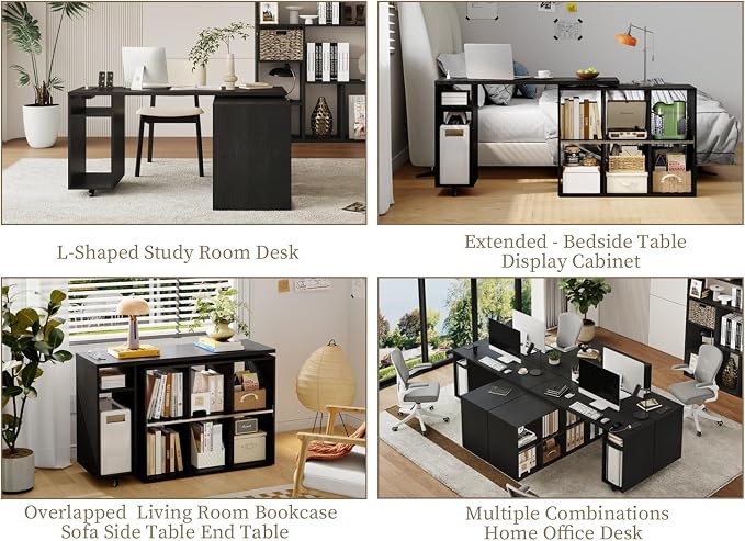 BOSHIRO Black L-Shaped Computer Desk with Storage Shelves, Small Study Writing Desk with Charging Station, 67” Bedroom Side Table & 360° Rotating Desk for Living Room