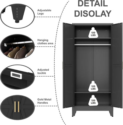 Metal armoire Wardrobe Closet with Hanging Rod,71'' Metal Wardrobe Cabinet with 2 Doors and 2 Adjustable Shelves, Bedroom armoires,Laundry Room cabinets,armario de ropa Closet