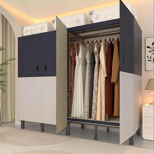 Heavy Duty Clothes Rack with Cover & Magnetic Doors, 1500lb Portable Wardrobe Closet - Foldable Garment Rack for Bedroom, Large Storage for Hanginng Dresses Jackets (Blue, 70.8IN)