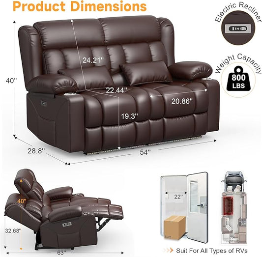 Power RV Loveseat Recliner Sofa, Electric Reclining Loveseat RV Couch with USB & Type-C Ports, Zero Wall Hugger RV Furniture with Storage & LED Light for Travel Trailers Home Theater Seating