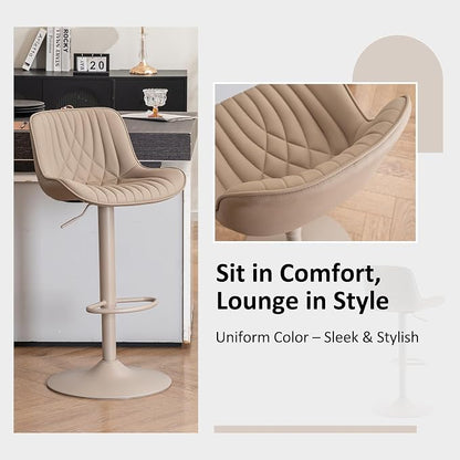 YOUTASTE Bar Stools Set of 2, Adjustable Swivel Counter Height Barstools with Back, All Khaki Faux Leather Upholstered Bar Chairs with Metal Base, Stools for Kitchen Island or Home Bar