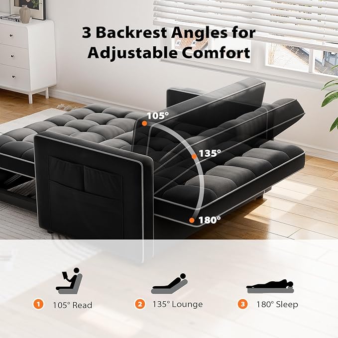 Pipishell 3 in 1 Sleeper Sofa Bed, Pull Out Couch with USB Ports & Side Pockets, Adjustable Backrest, Convertible Loveseat Sofa Bed, Futon Couches, Charcoal Black Velvet, Living Room