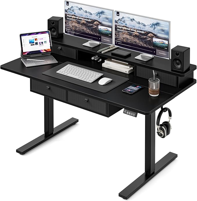 Grandder Electric Standing Desk with Four Drawers, Sit to Stand Up Height Adjustable Desk with Storage Shelf for Home Office, 55 * 28 Inch, Study, Ergonomic Adjustable Computer Desk, Black