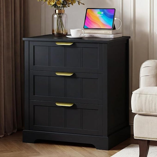 ChooChoo Black Nightstand with Charging Station, 3 Drawer Night Stand with USB-C Port, Larger Bedside Table with Storage, Modern End Table for Bedroom