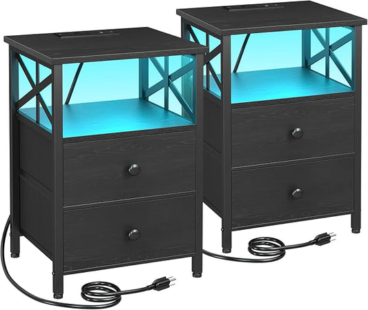 AMHANCIBLE Nightstands Set of 2 with Charging Station, LED Night Stand with 2 Storage Drawers, End Tables with USB Ports and Outlets, Modern Bedside Tables for Bedroom, Black, HET052LBK