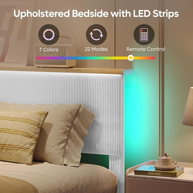 Bestier King Bed Frame with Adjustable Headboard & RGB LEDLighting, Corduroy Upholstered Platform Bed Frame withStorage Shelf, Solid Wood Slats, No Box Spring Needed,Never Squeak, Light Grey