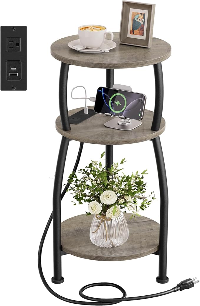 Round Side Table with Power Outlet & USB Ports, 3-Tier End Table with Storage Shelf, Modern Rustic Nightstand, Small Spaces Accent Table for Living Room Bedroom, Easy Assembly, Grey