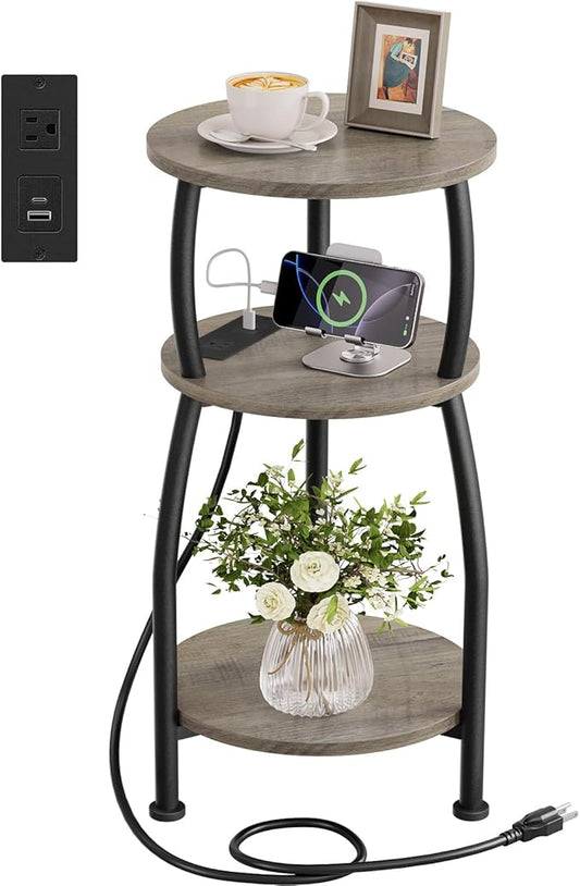Round Side Table with Power Outlet & USB Ports, 3-Tier End Table with Storage Shelf, Modern Rustic Nightstand, Small Spaces Accent Table for Living Room Bedroom, Easy Assembly, Grey
