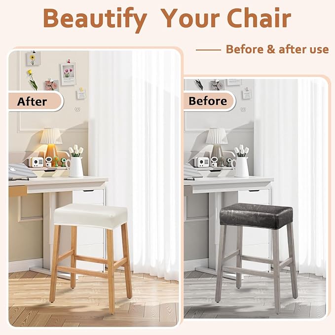 PU Leather Bar Stool Covers Rectangular, 100% Waterproof Stool Covers Rectangle Super Stretch 20% Thicker Leather Saddle Stools Cover Rectangular Counter Bar Stools with Elastic Band (6 PCS, Cream)