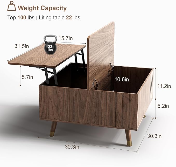 Square Coffee Table with Lift-Top & Flip-Top Storage, 36" Functional Modern Accent Center Table with Solid Wood Legs, Rustic Walnut Coffee Tables for Living Room Small Space or Office