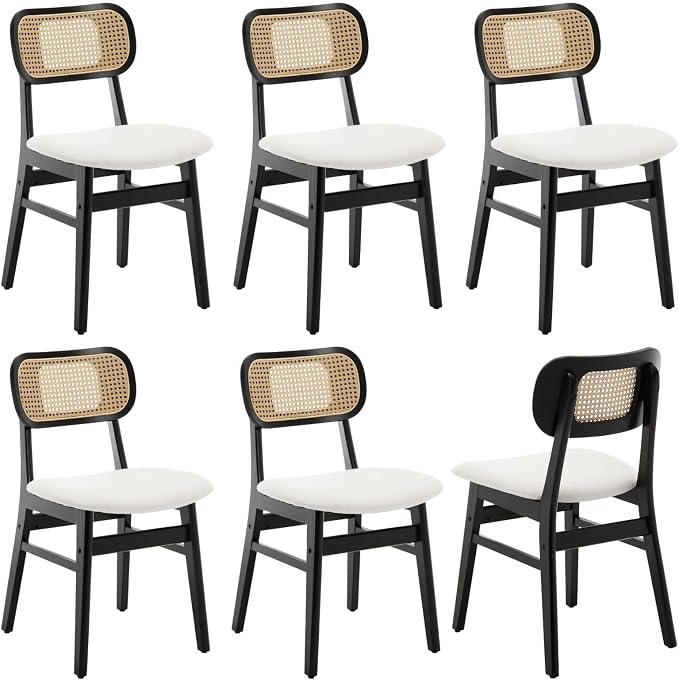 ROCITY Rattan Dining Chairs Set of 6 Black Linen Fabric Dining Room Chairs Natural Wooden Kitchen Chairs Farmhouse Boho
