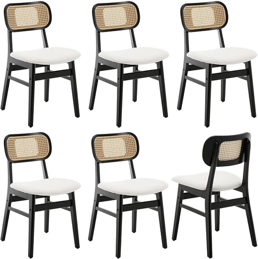 ROCITY Rattan Dining Chairs Set of 6 Black Linen Fabric Dining Room Chairs Natural Wooden Kitchen Chairs Farmhouse Boho