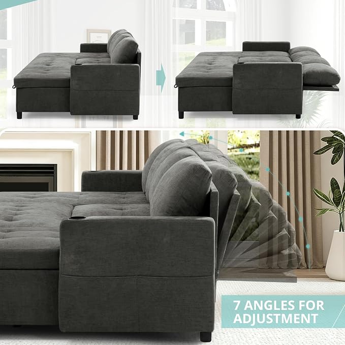 110" U-Shape Reversible Sectional Sofa Bed w/USB Port, Light Grey | Upholstered Sleeper Couch w/Adjustable Backrest and Storage Chaises, Chenille Modern Sofa w/Pull-Out Bed for Living Room