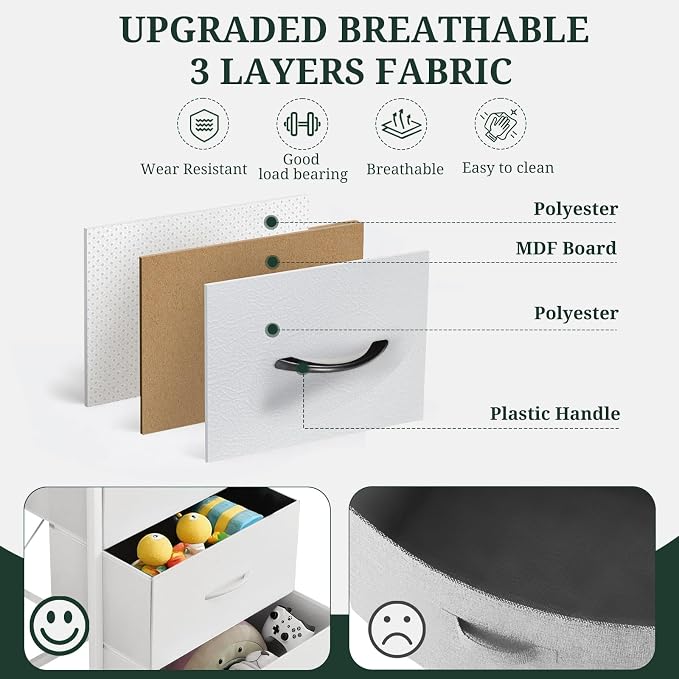 6-Drawer Dresser for Bedroom, Anti-Tip Wide Storage Organizer Chest of Drawers with Wooden Top and Metal Frame Fabric Bins for Closet, Living Room, Hallway, Entryway, White