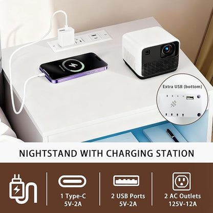 Night Stand with Charging Station and Ambient Light, LED Nightstand with USB-C Ports and Outlets, Morden Bedside Table with 2 Drawers and Open Compartment, End Table for Bedroom, White