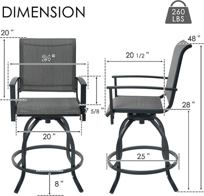 Kozyard Outdoor Swivel Bar Stools Set of 2, 360° Swivel Counter-Height Patio Bar Chairs with High Back, Powder-Coated Steel Frame & Textilene Fabric for Backyard, Balcony, Kitchen Island Gray