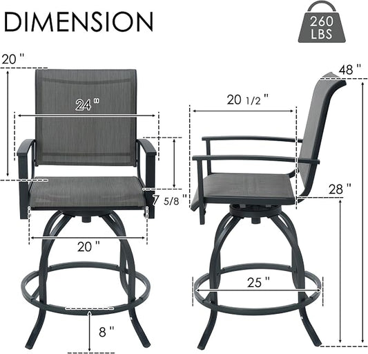 Kozyard Outdoor Swivel Bar Stools Set of 2, 360° Swivel Counter-Height Patio Bar Chairs with High Back, Powder-Coated Steel Frame & Textilene Fabric for Backyard, Balcony, Kitchen Island Gray