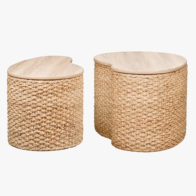 Cloud Nesting Coffee Table Set of 2 with Storage - Handwoven Wicker Rattan Ottoman Style, Boho Coastal Coffee Tables for Living Room, Rattan Coffee Table with Cover & Soild Wood Frame