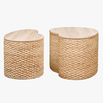 Cloud Nesting Coffee Table Set of 2 with Storage - Handwoven Wicker Rattan Ottoman Style, Boho Coastal Coffee Tables for Living Room, Rattan Coffee Table with Cover & Soild Wood Frame