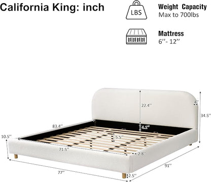 Merax California King Size Teddy Fleece Thick Fabric Upholstered Platform Bed with Curved Shaped Headboard, Wood Bed Frame with Solid Round Legs for Kids Teens Adults, White