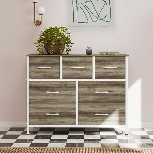 OLIXIS 7 Drawers Fabric Dresser for Bedroom, Storage Tower Organizer for Living Room & Entryway, Sturdy Steel Frame, Wooden Top & Easy-Pull Bins, Closet Chest for Clothes, Oak Greige