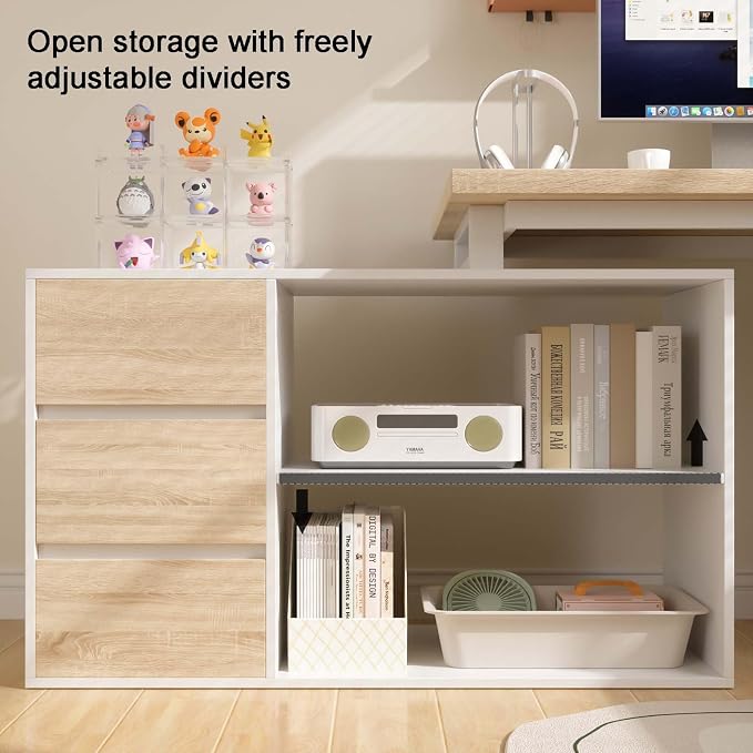 Bobve L Shaped Computer Desk, 47 Inch Home Office Desk with File Drawers & Storage Shelves, Small Corner Computer Desk for Small Space (White + Walnut)