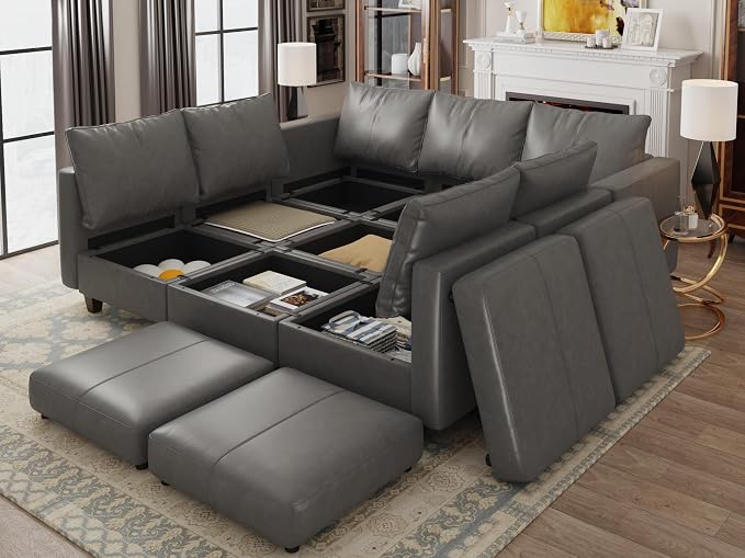 EASE MOOSE Modular Sectional Couch with Storage, Faux Leather Sectional Sleeper Sofa Bed,Grey Faux Leather Modular Sofa