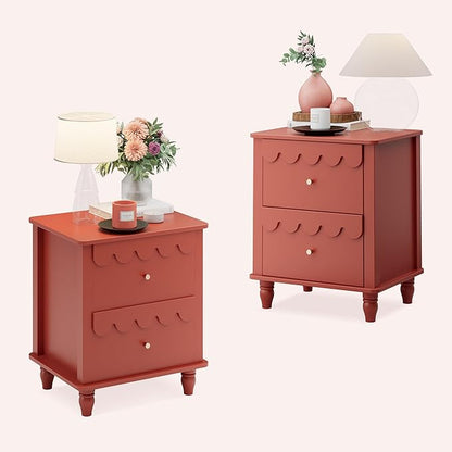 Anbuy Red Nightstand Set of 2 with Petal Pattern, Modern Night Stand Set 2 with 2 Drawers for Bedroom, Side End Table Scalloped Bedside Night Tables with Solid Wood Legs